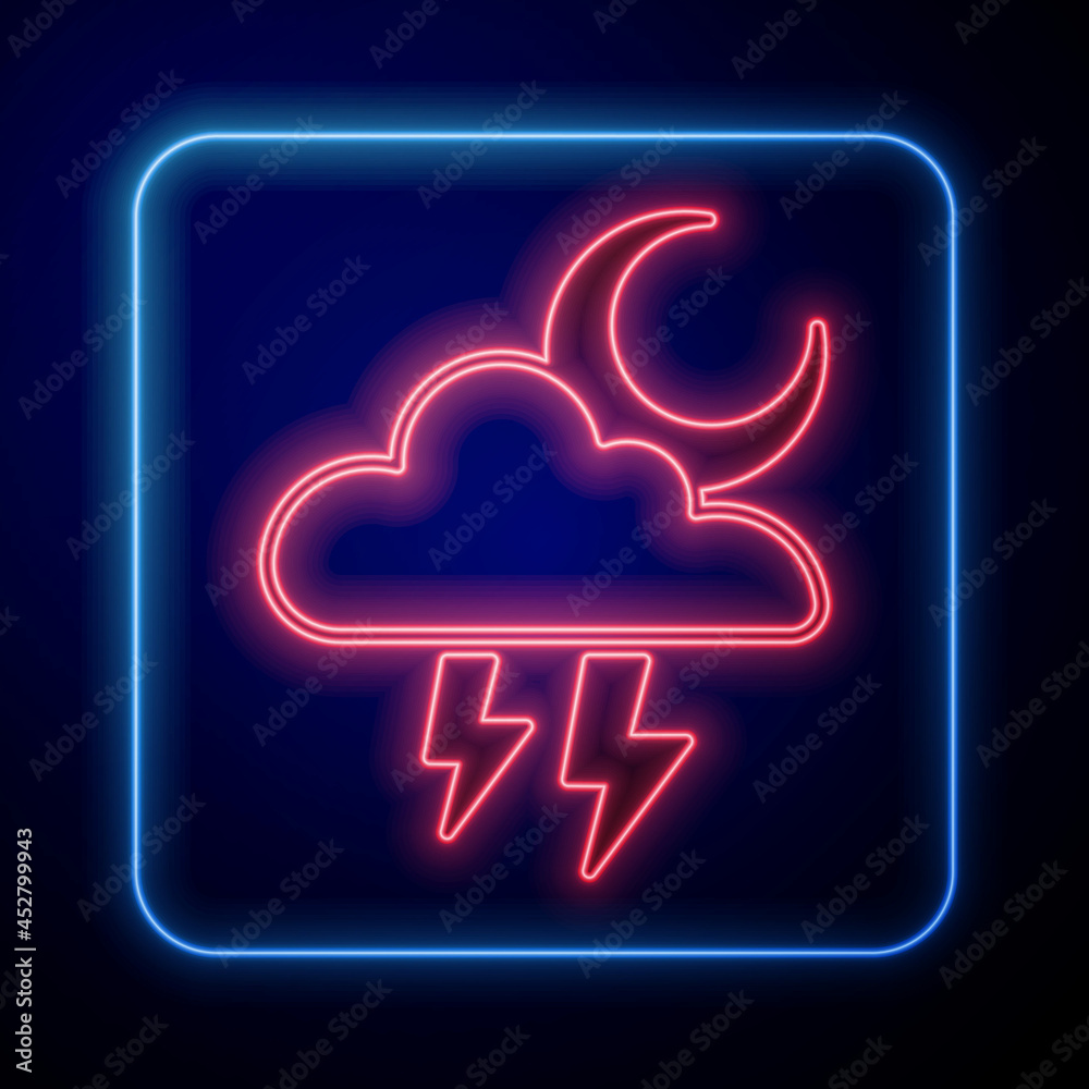 Glowing neon Storm icon isolated on black background. Cloud with lightning and moon sign. Weather ic