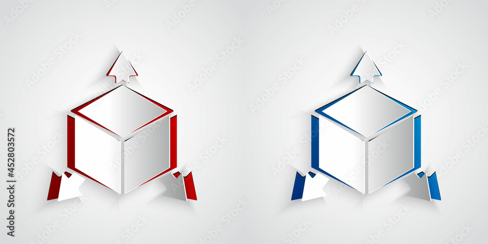 Paper cut Isometric cube icon isolated on grey background. Geometric cubes solid icon. 3D square sig