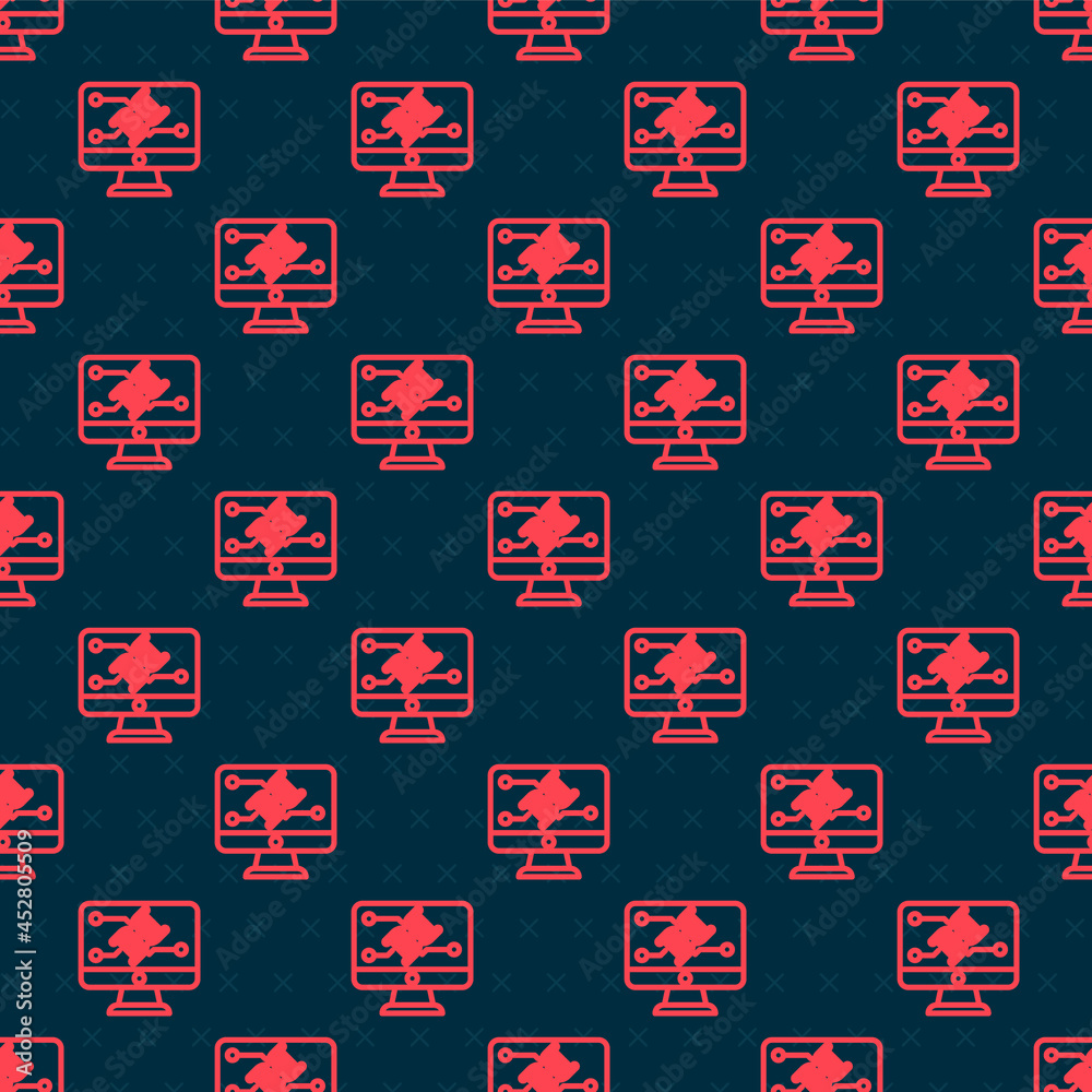 Red line Genetic engineering modification on monitor icon isolated seamless pattern on black backgro