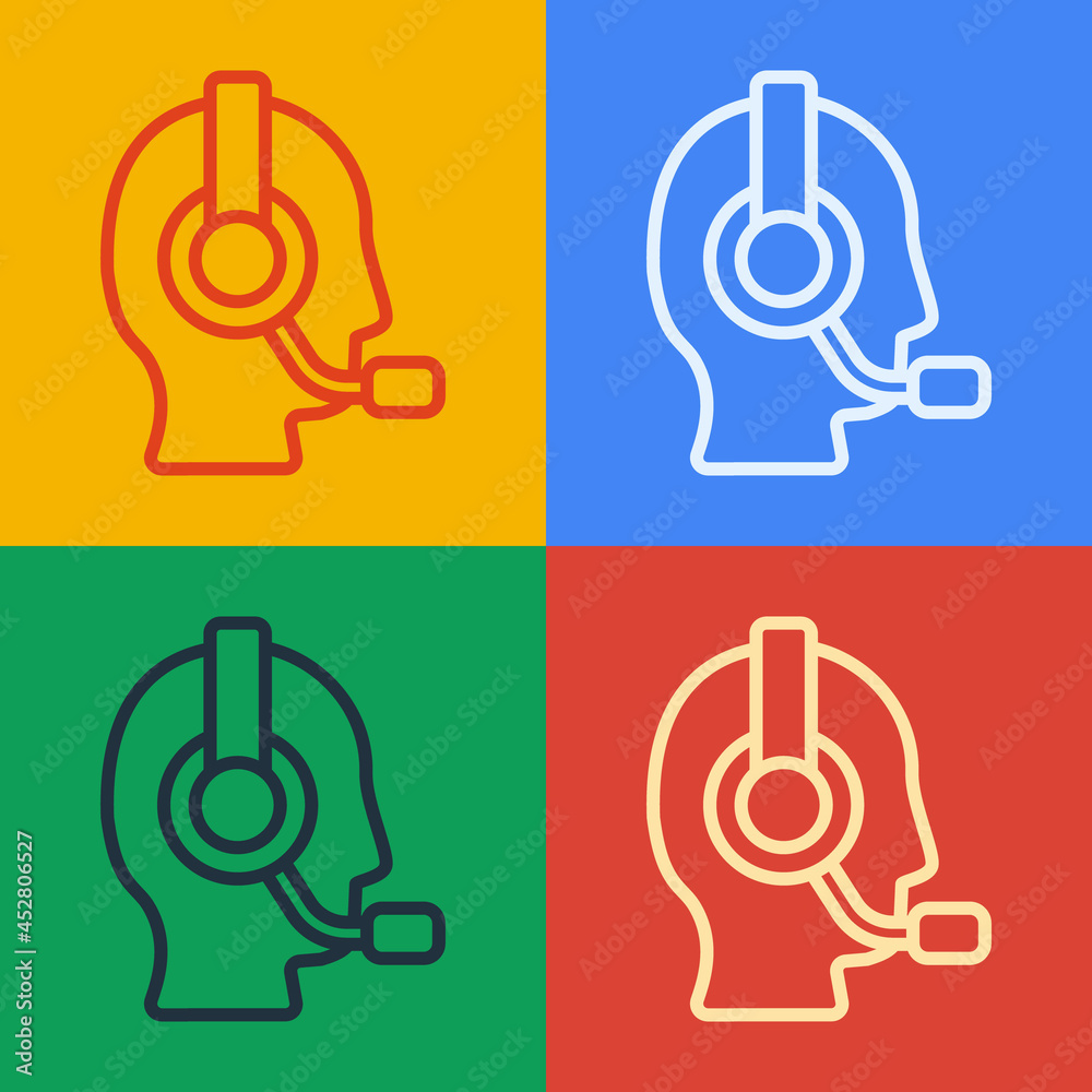 Pop art line Man with a headset icon isolated on color background. Support operator in touch. Concep