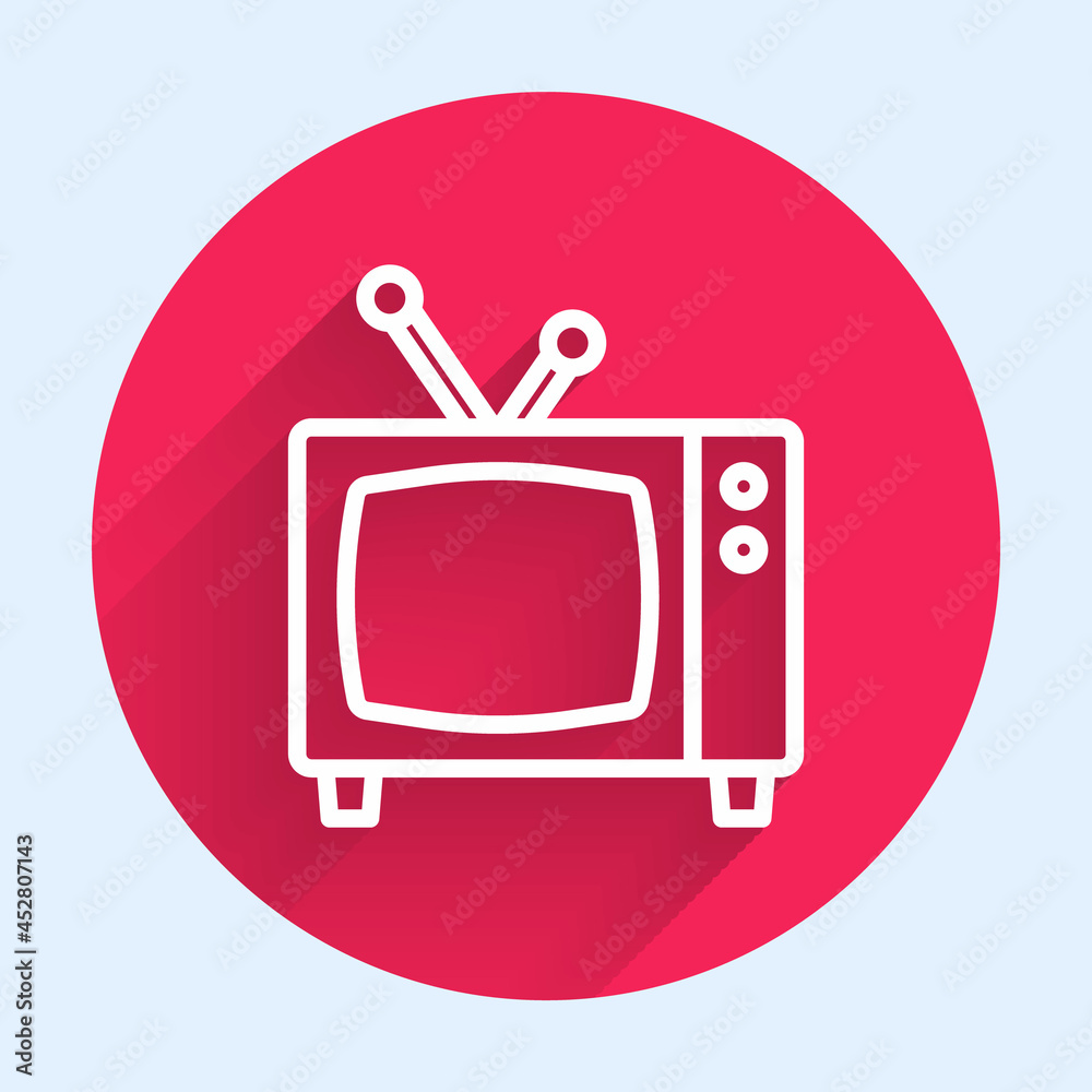 White line Retro tv icon isolated with long shadow. Television sign. Red circle button. Vector