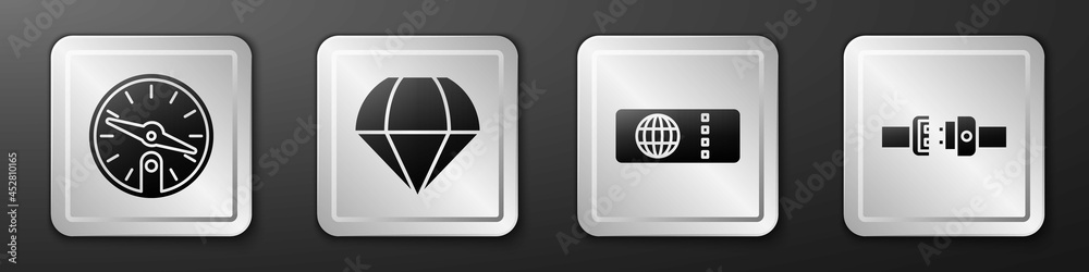 Set Compass, Parachute, Airline ticket and Safety belt icon. Silver square button. Vector