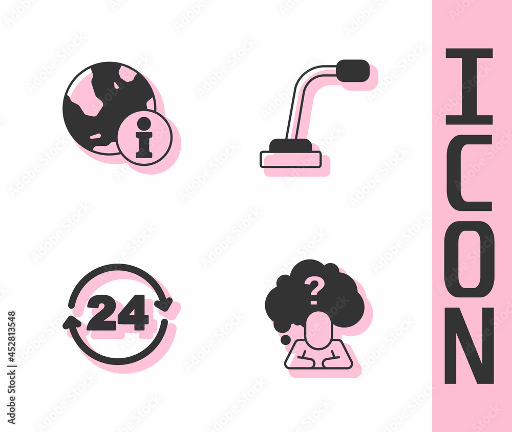 Set Head with question mark, Information, Telephone 24 hours support and Microphone icon. Vector