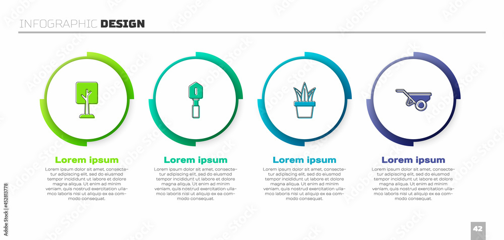 设置森林、铲子、花盆和带泥土的手推车。商业信息图模板。矢量