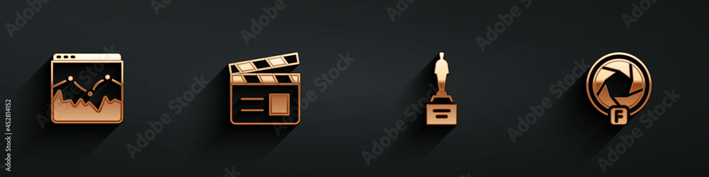 Set Music wave equalizer, Movie clapper, trophy and Camera shutter icon with long shadow. Vector