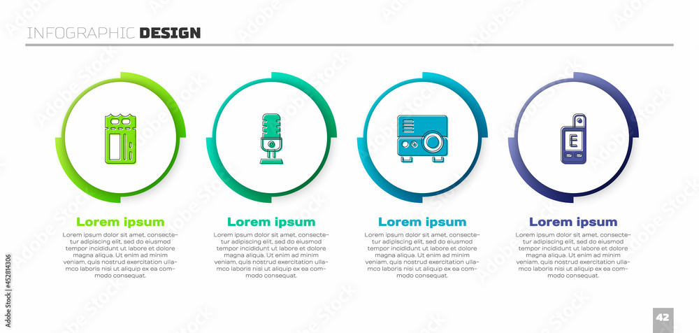 设置电影票、麦克风、媒体投影仪和测光表。商业信息图模板。Vecto