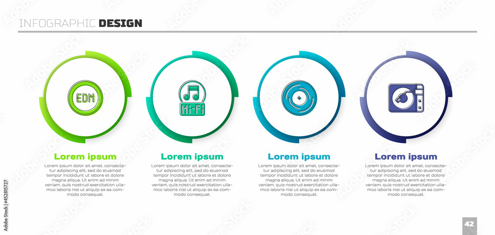 设置EDM电子舞曲、音符、音调、黑胶唱片和黑胶播放器。商业信息图表
