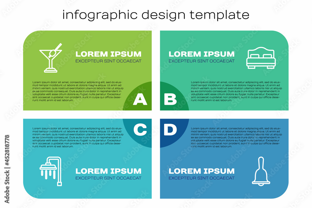 套装淋浴器、马提尼玻璃、酒店服务铃和客房床。商业信息图模板。Vect