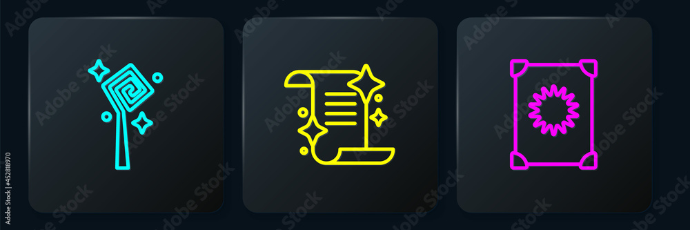 Set line Magic staff, Ancient magic book and . Black square button. Vector