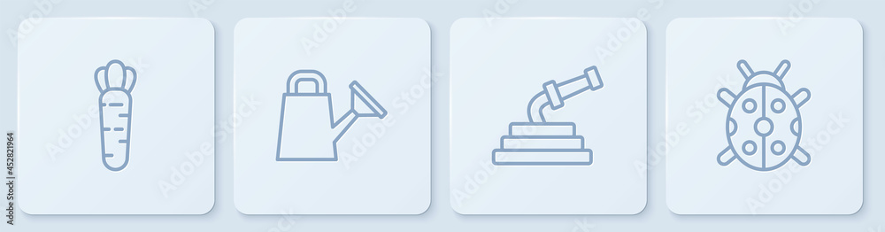 设置线胡萝卜、花园软管、水箱和瓢虫。白色方形按钮。矢量