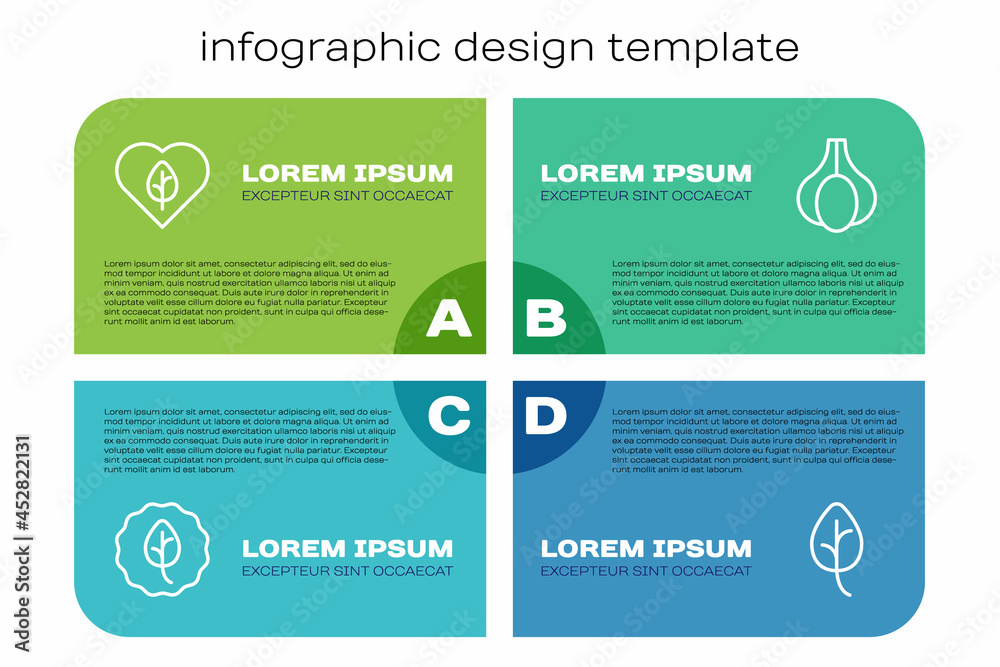 Set line Leaf or leaves, Vegan food diet, and Garlic. Business infographic template. Vector