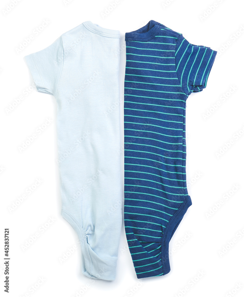 Stylish baby clothes on white background