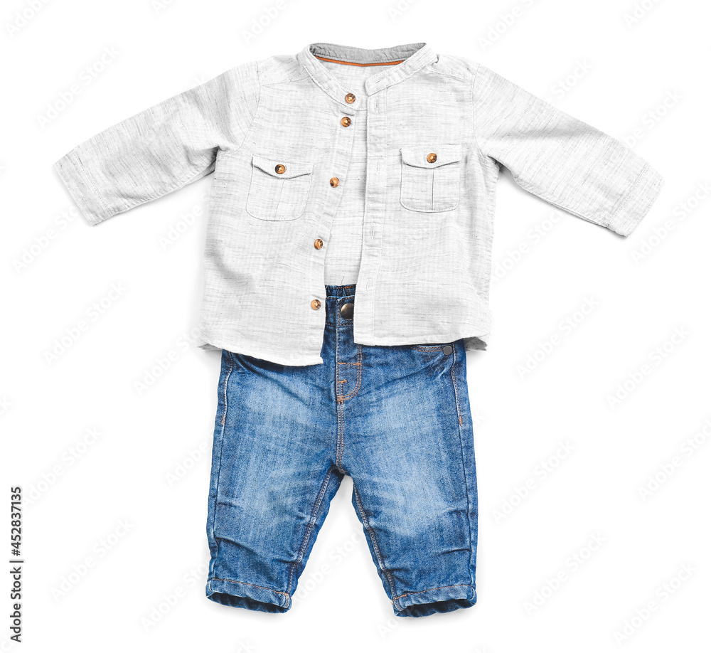 Stylish baby clothes on white background