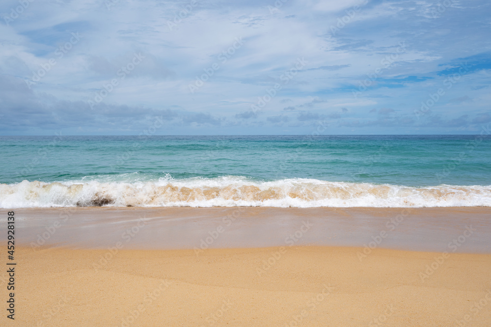 Summer sandy beach Amazing sea clear blue sky and white clouds Wave crashing on sandy shore empty be