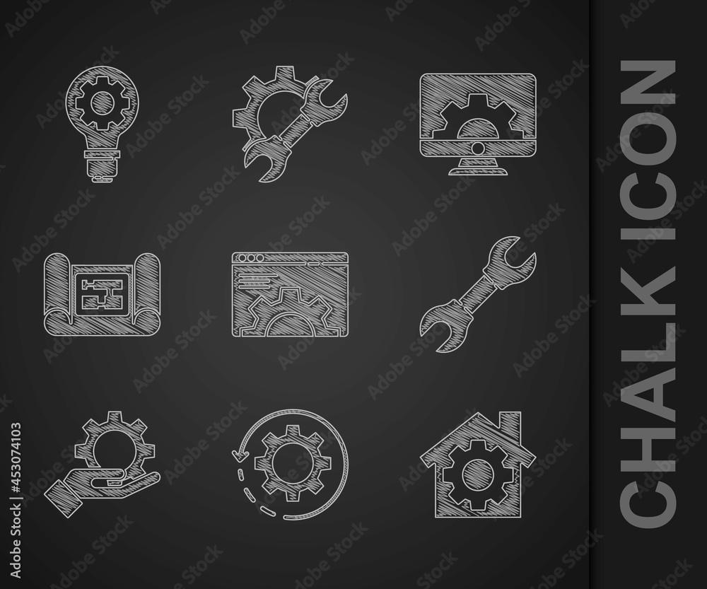 Set Browser setting, Gear and arrows as workflow, House with gear, Wrench spanner, Settings the hand