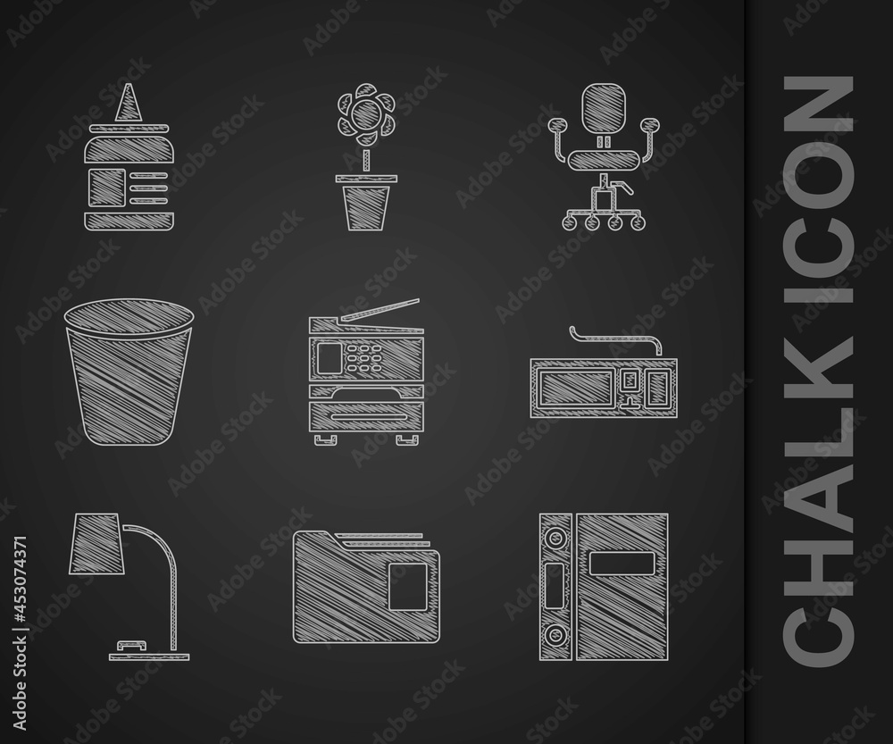 Set Printer, Document folder, Office folders, Keyboard, Table lamp, Trash can, chair and Glue icon. 