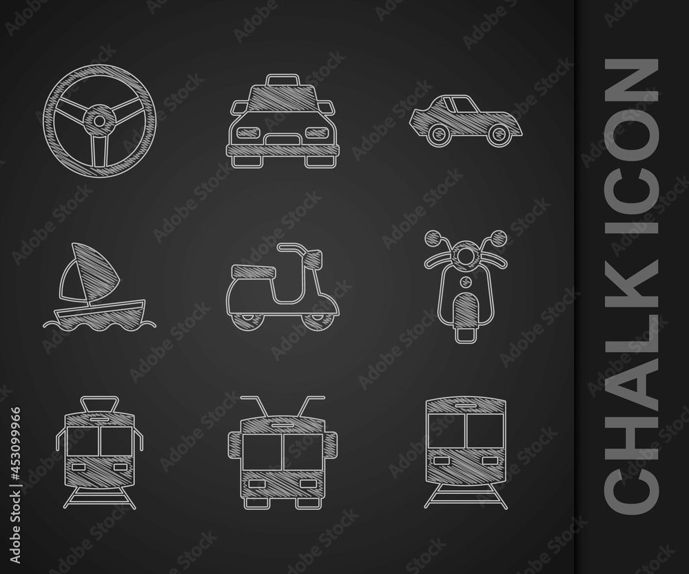 Set Scooter, Trolleybus, Train and railway, Tram, Yacht sailboat, Car and Steering wheel icon. Vecto