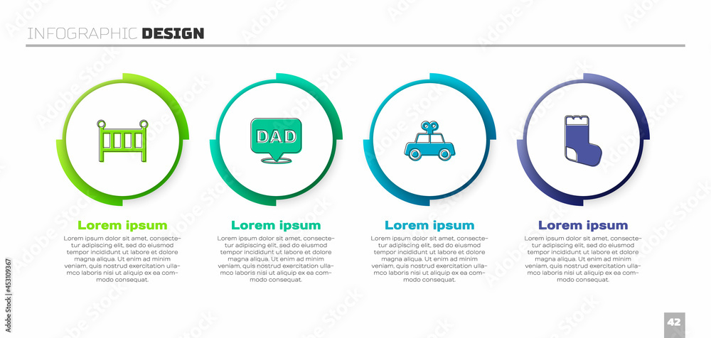 设置婴儿床摇篮床，演讲泡泡爸爸，玩具车和袜子。商业信息图模板。Vecto