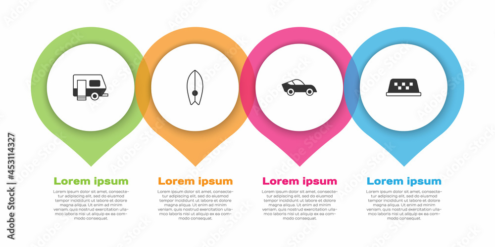 设置Rv露营拖车、冲浪板、汽车和出租车车顶。商业信息图模板。矢量