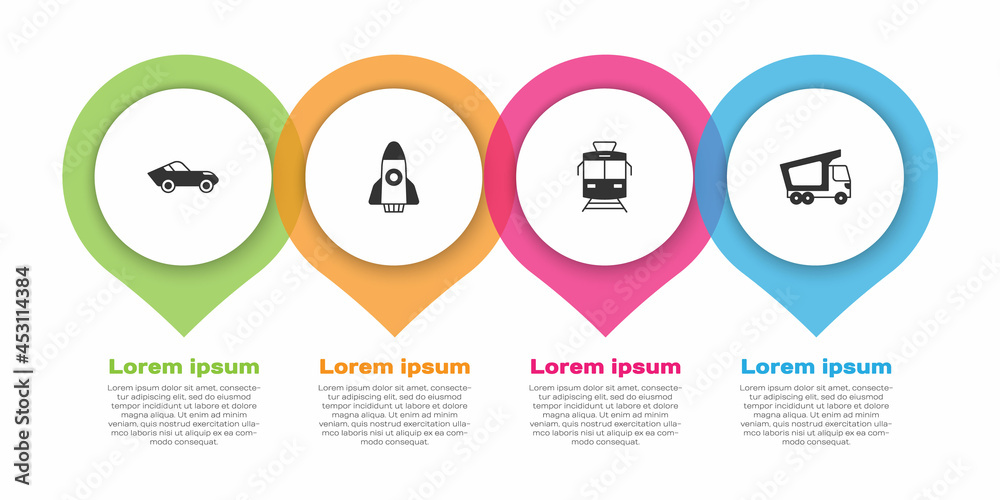 设置汽车、火箭船、有轨电车和铁路以及送货卡车。商业信息图模板。Vect