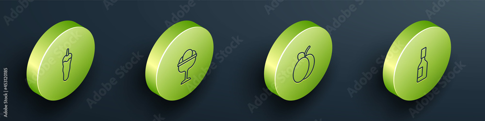 Set Isometric line Hot chili pepper, Ice cream in the bowl, Plum fruit and Tabasco sauce icon. Vecto