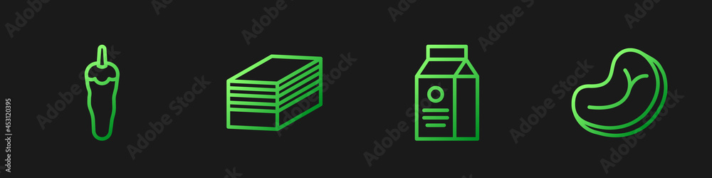 Set line aper package for milk, Hot chili pepper, Piece of cake and Steak meat. Gradient color icons