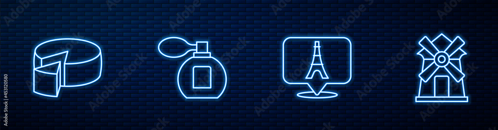 Set line Eiffel tower, Cheese, Perfume and Windmill. Glowing neon icon on brick wall. Vector