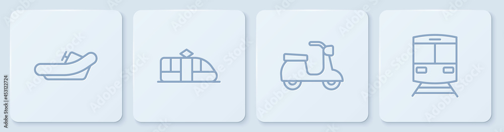 设置线路漂流船、滑板车、有轨电车、铁路和火车。白色方形按钮。矢量