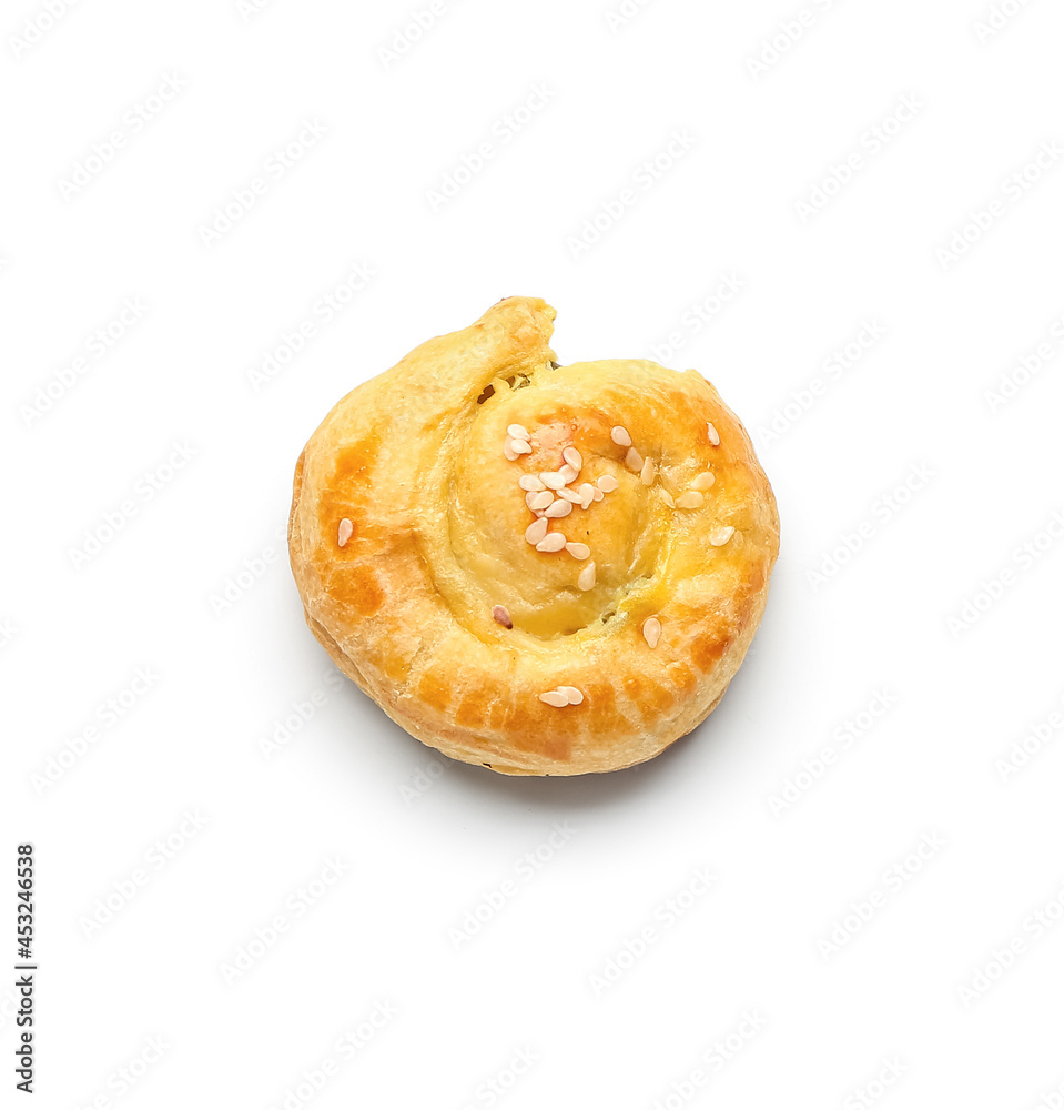 Puff pastry stuffed with spinach on white background