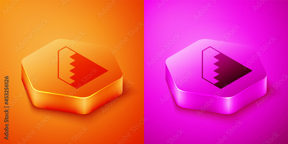 Isometric Stairs up icon isolated on orange and pink background. Hexagon button. Vector