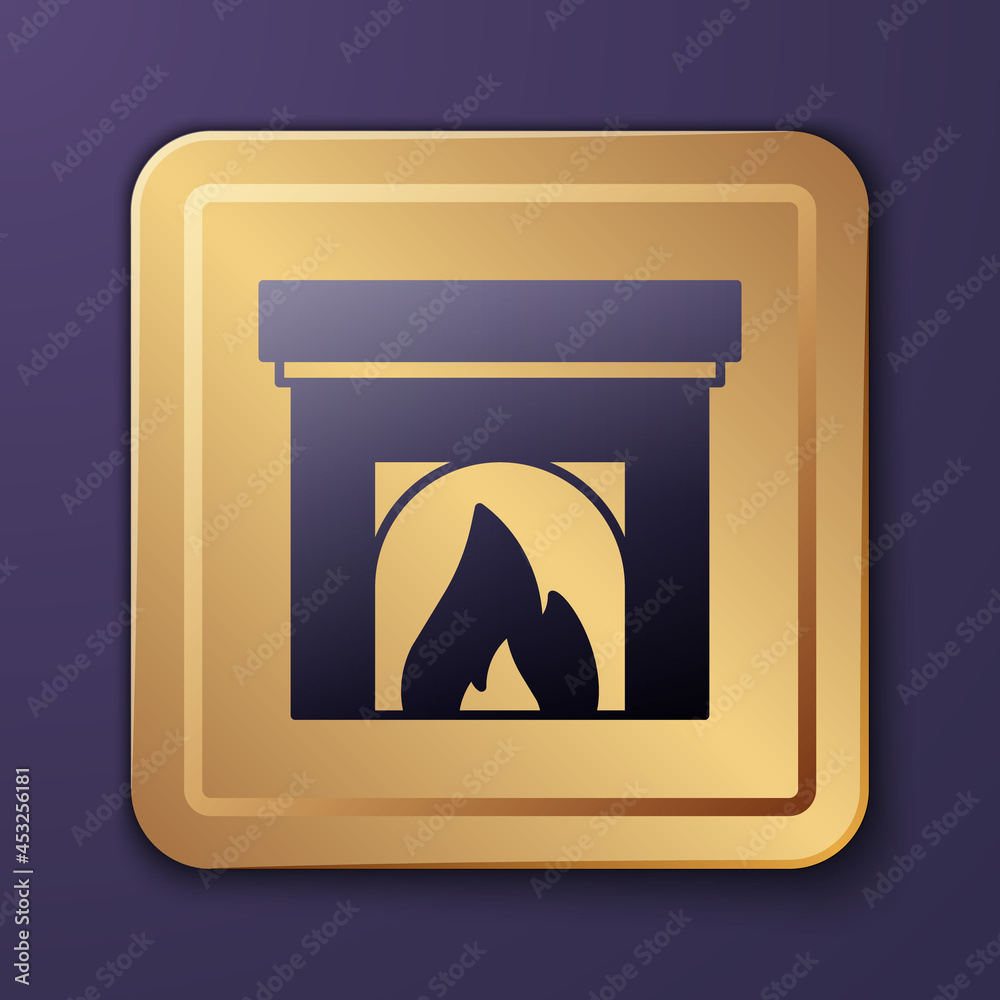 Purple Interior fireplace icon isolated on purple background. Gold square button. Vector