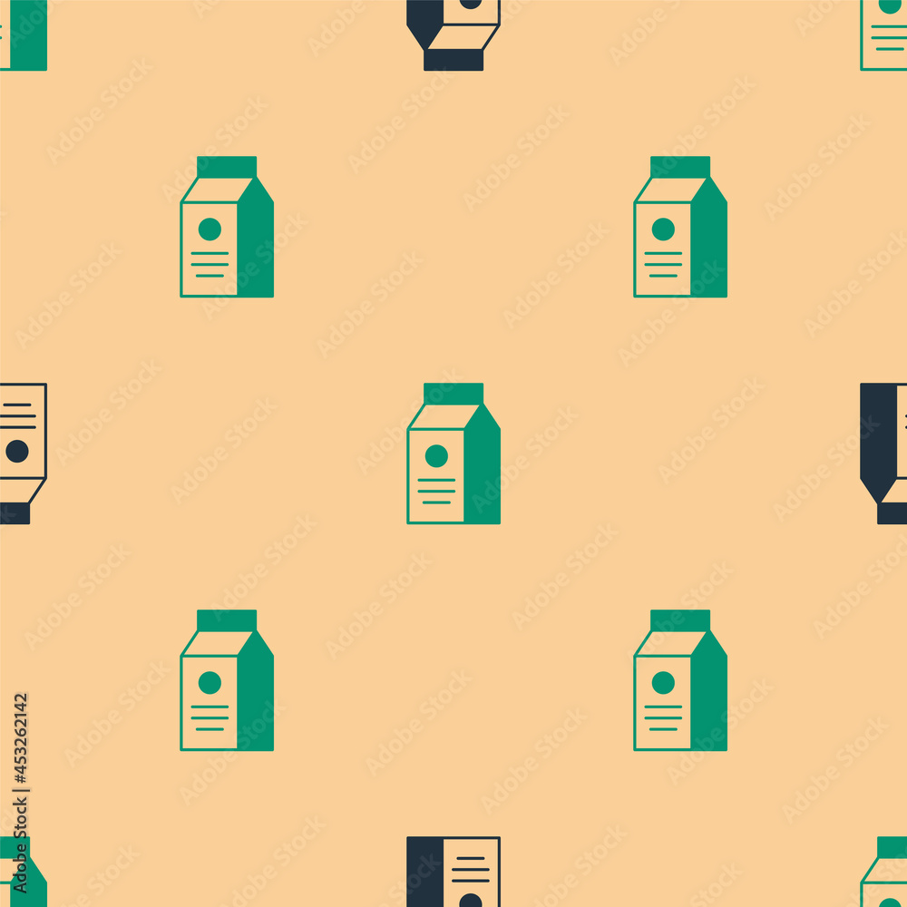 Green and black Paper package for milk icon isolated seamless pattern on beige background. Milk pack