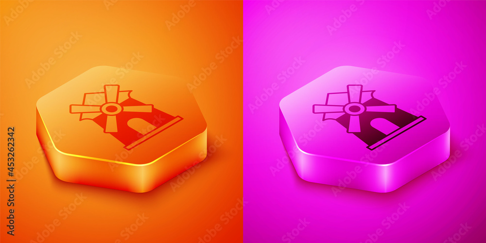 Isometric Windmill icon isolated on orange and pink background. Hexagon button. Vector