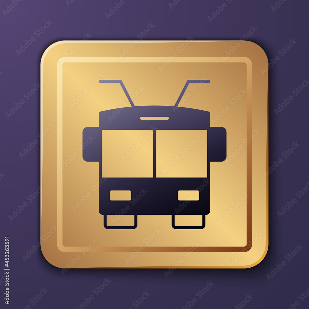 Purple Trolleybus icon isolated on purple background. Public transportation symbol. Gold square butt