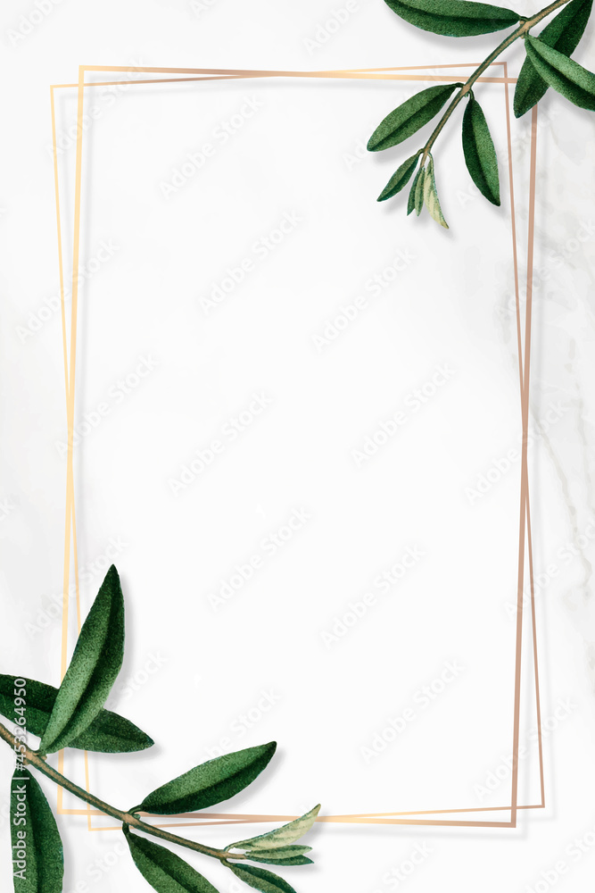 Gold frame with green leaves on white background