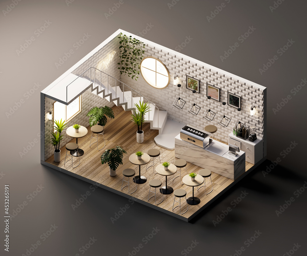 Isometric view minimal cafe store open inside interior architecture, 3d rendering.