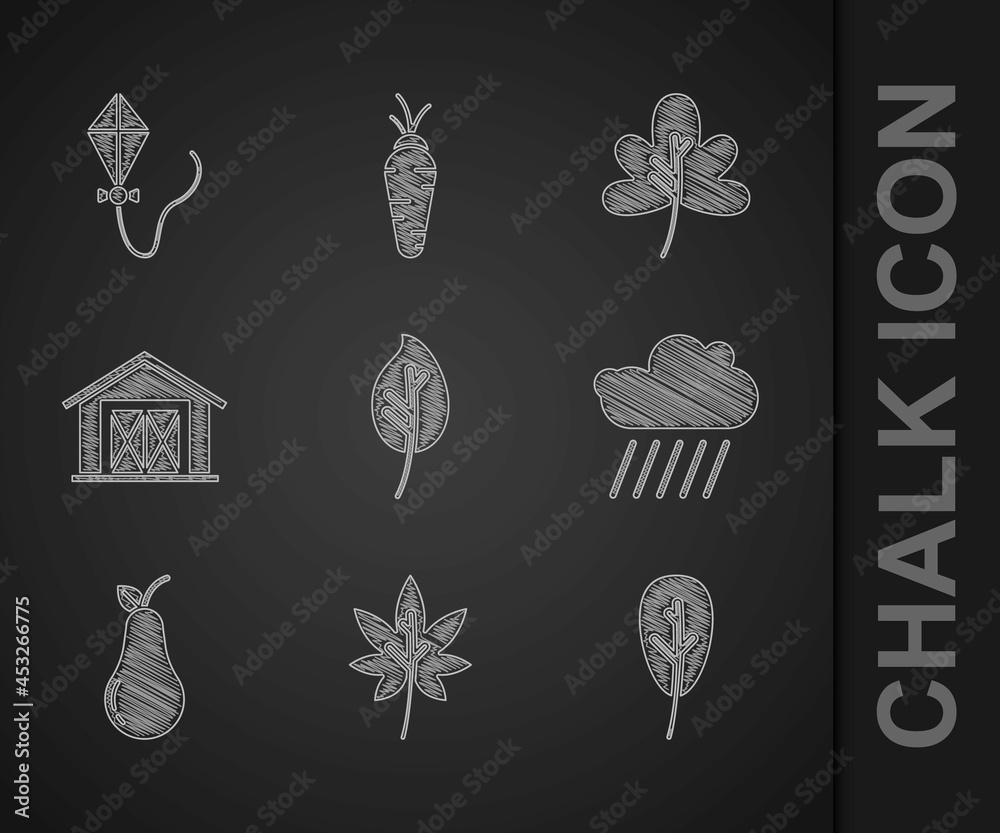 Set Leaf or leaves, Cloud with rain, Pear, Farm house, and Kite icon. Vector