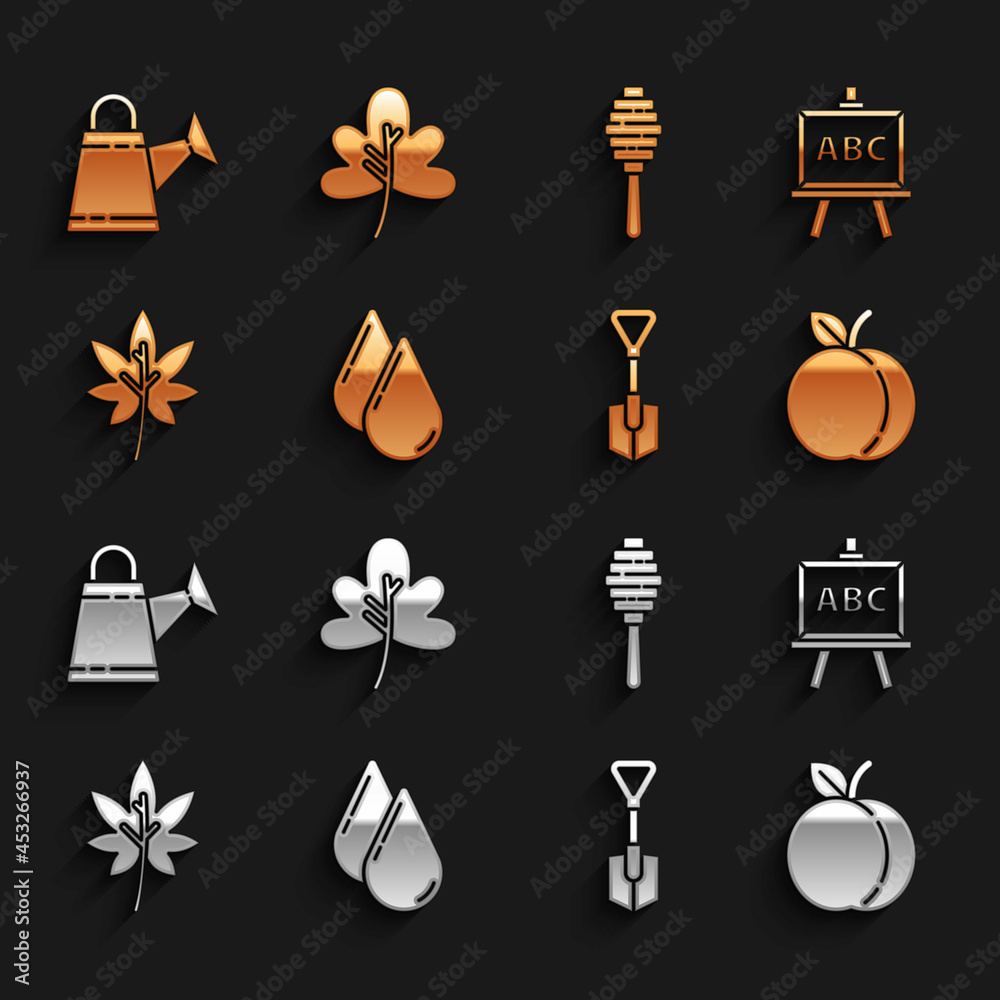 Set Water drop, Chalkboard, Peach fruit, Shovel, Leaf or leaves, Honey dipper stick, Watering can an