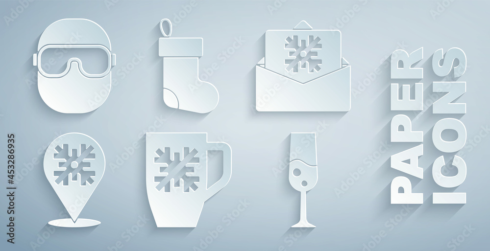 Set Coffee cup with snowflake, Christmas postcard, Snowflake, Glass champagne, stocking and Ski gogg