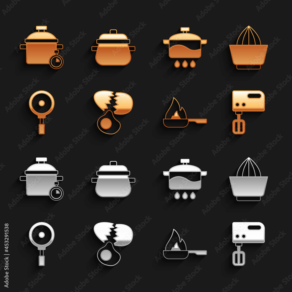 Set Broken egg, Citrus fruit juicer, Electric mixer, Frying pan, Cooking pot, and icon. Vector