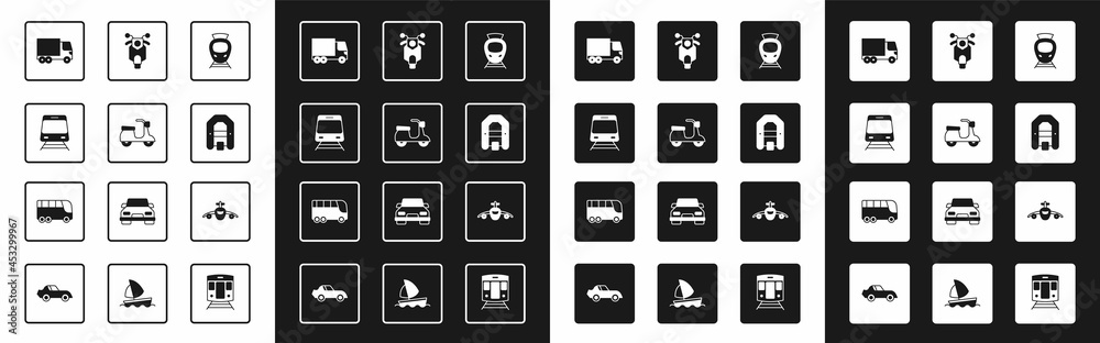 设置有轨电车和铁路、滑板车、火车、货运卡车、漂流船、飞机和公共汽车图标。矢量