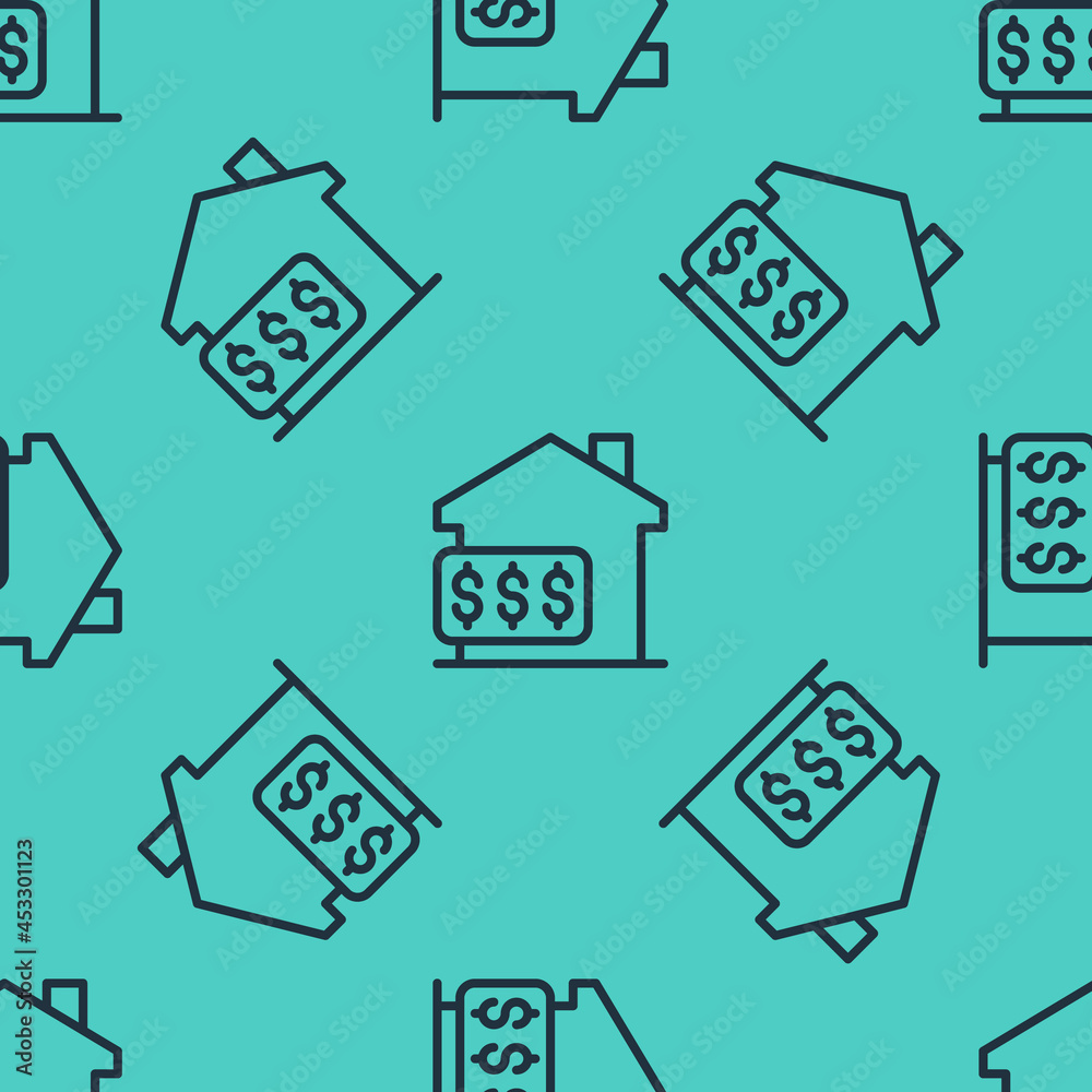 Black line House with dollar symbol icon isolated seamless pattern on green background. Home and mon