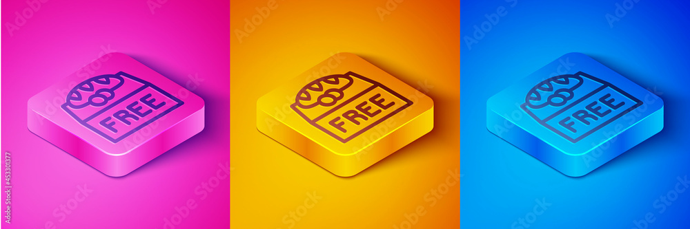 Isometric line Donation food icon isolated on pink and orange, blue background. Square button. Vecto