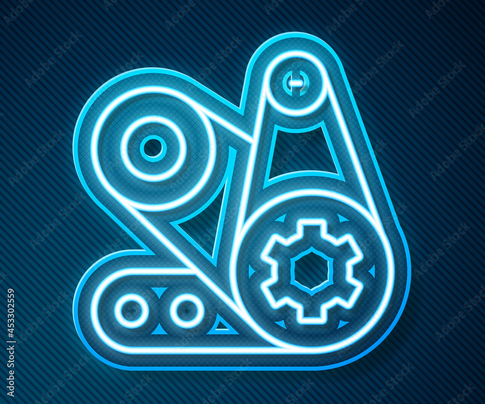 Glowing neon line Timing belt kit icon isolated on blue background. Vector