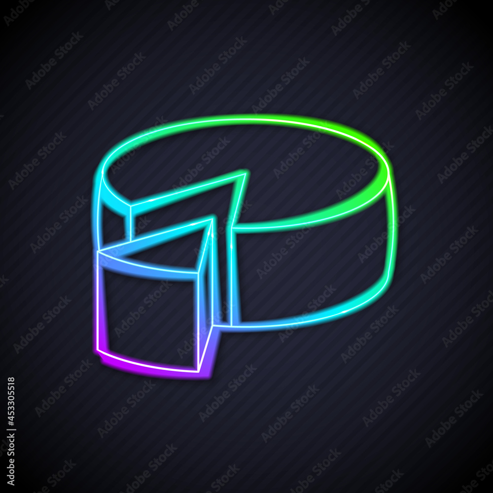 Glowing neon line Cheese icon isolated on black background. Vector