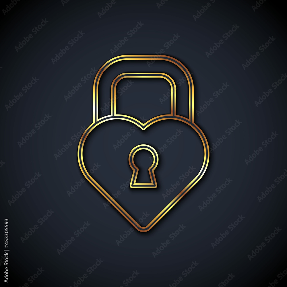 Gold line Castle in the shape of a heart icon isolated on black background. Locked Heart. Love symbo