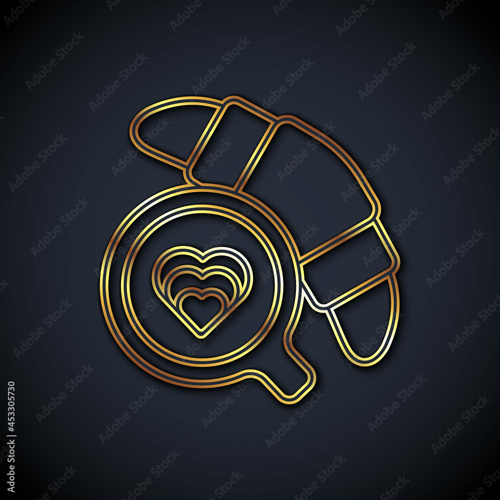 Gold line Coffee cup with croissant icon isolated on black background. Tea cup. Hot drink coffee. Ve