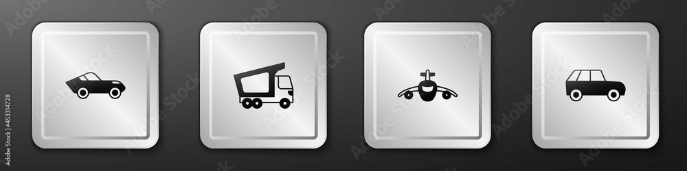 Set Car, Delivery cargo truck, Plane and icon. Silver square button. Vector