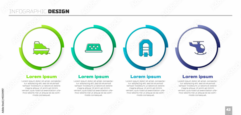 设置游轮、出租车车顶、漂流船和直升机。商业信息图模板。矢量