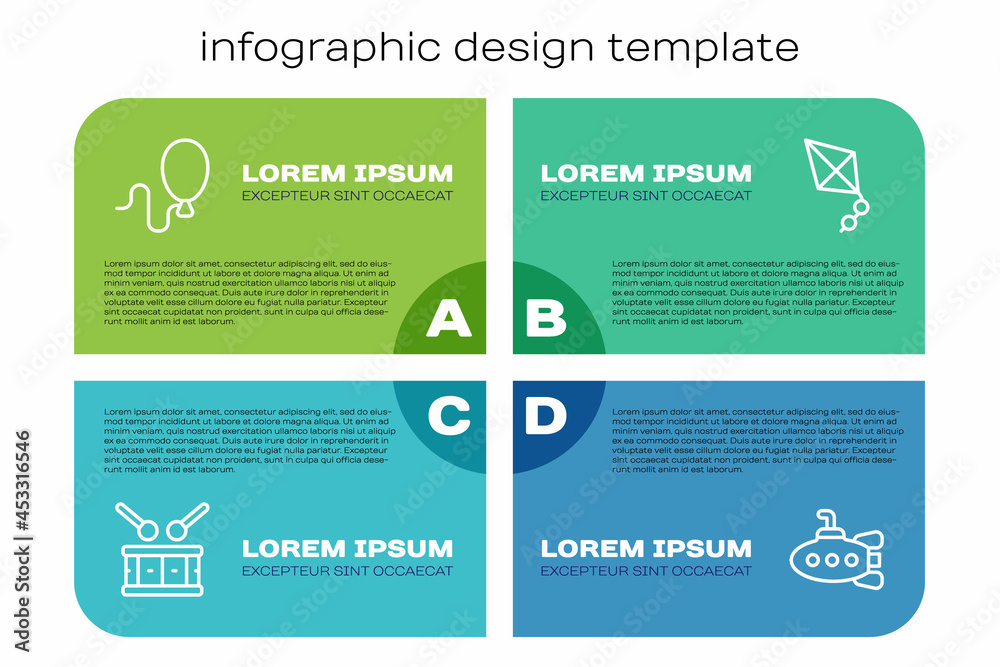 用鼓槌、气球、潜水艇玩具和风筝制作线鼓。商业信息图模板。Vec